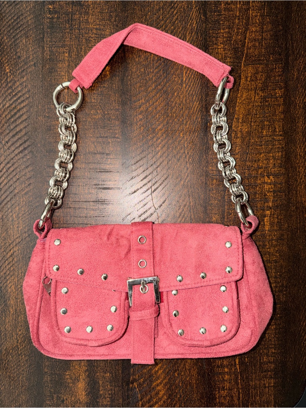 Pink Studded Suede Shoulder Bag with Chain Strap